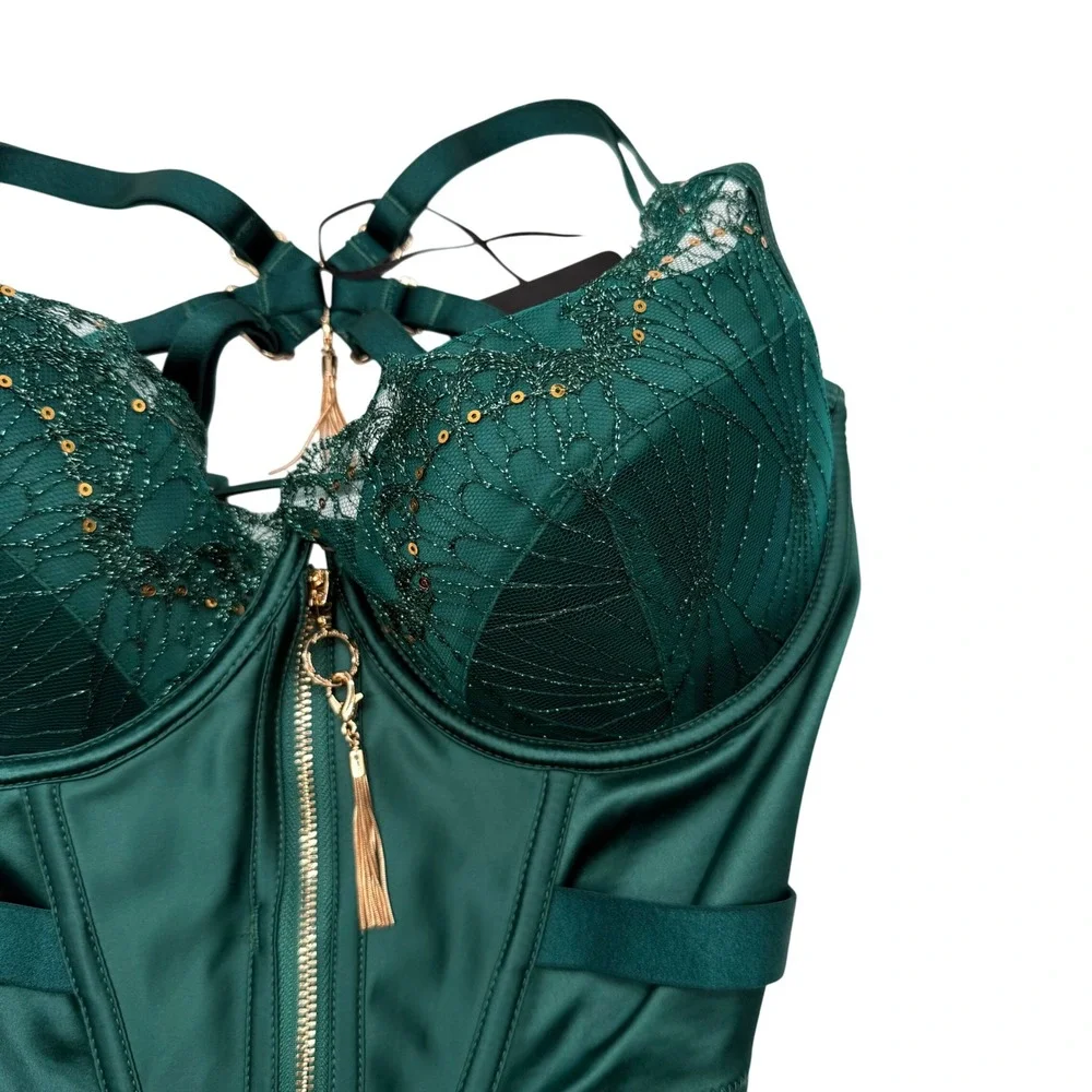 Honey Birdette Gloria Push Up Bustier Forest Green Lace‎ 30H Lingerie Corset Top